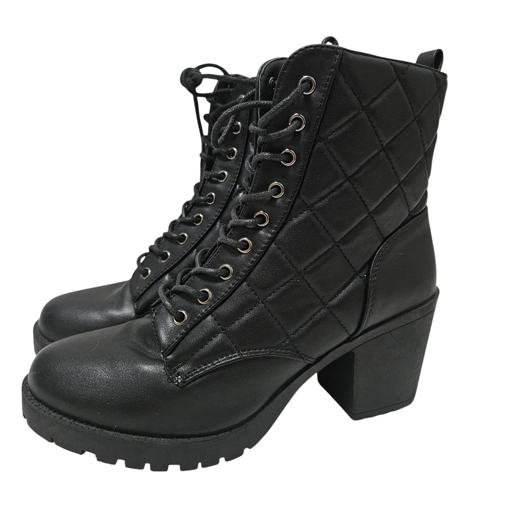 Zigisoho Combat Boots Women 9 Black Moritz Quilted Lace Up Side Zip Block Heel